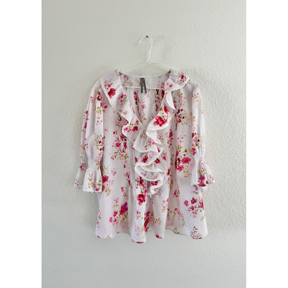 Anthropologie Blouse Women XL White Pink Floral Ruffle V-Neck Good Condition
